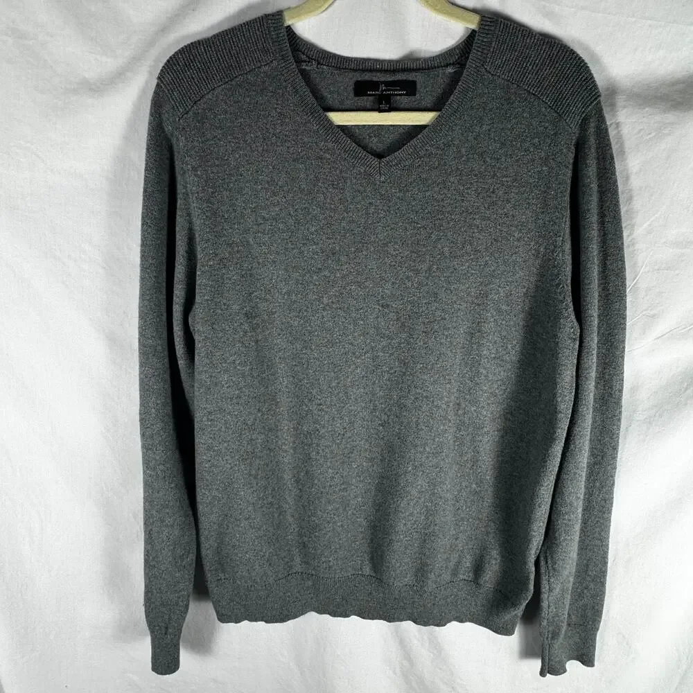 Marc Anthony Men's Gray V Neck Sweater Large Cotton Cashmere Blend Long Sleeve - Picture 1 of 8